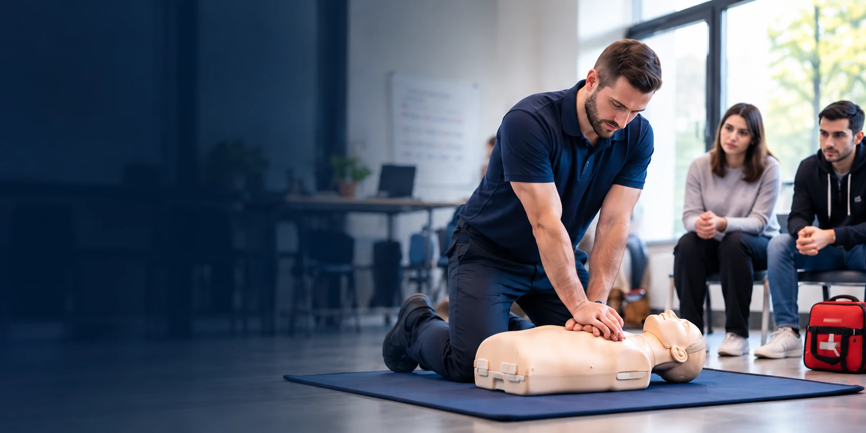Un formateur montre les gestes de réanimation sur un mannequin, devant des apprenants en centre.